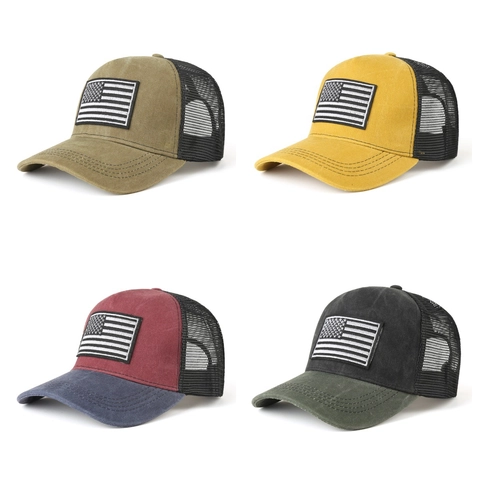 USA Vlag Patch Mesh Truckerpet Ademend Verstelbaar Baseballpet Vintage Kleurblok Zonnescherm Outdoor Sportpet Voor Heren Dames