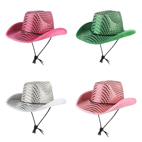 Glänzend Pailletten Western Cowboy Jazz Hut Für Bühne Performance Party Kostüm Hut Mit Verstellbarem Windseil Unisex Fedora
