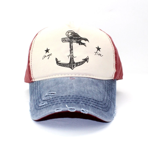Gorra de Béisbol de Algodón Lavado Vintage Ala Rota Estampado de Ancla Bloque de Color Gorra Trucker Ajustable Hombre