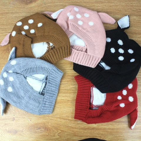 Cappello Neonato a Maglia Invernale Caldo Acrilico Morbido Orecchie di Cervo Pois Protezione Orecchie Berretto per Bambini