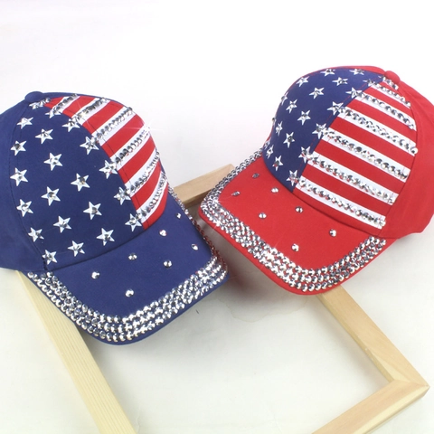 Washed Cotton American Flag Rhinestone Baseball Cap Studded Denim Distressed Adjustable Dad Hat For Women Men Sun Hat