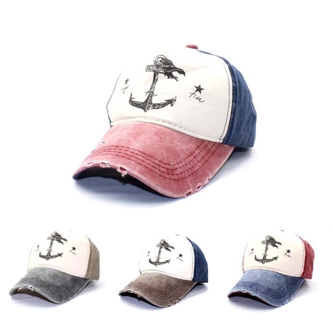Gorra de Béisbol de Algodón Lavado Vintage Ala Rota Estampado de Ancla Bloque de Color Gorra Trucker Ajustable Hombre