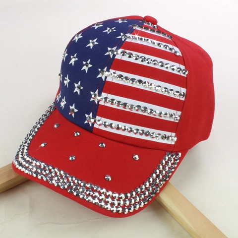 Washed Cotton American Flag Rhinestone Baseball Cap Studded Denim Distressed Adjustable Dad Hat For Women Men Sun Hat