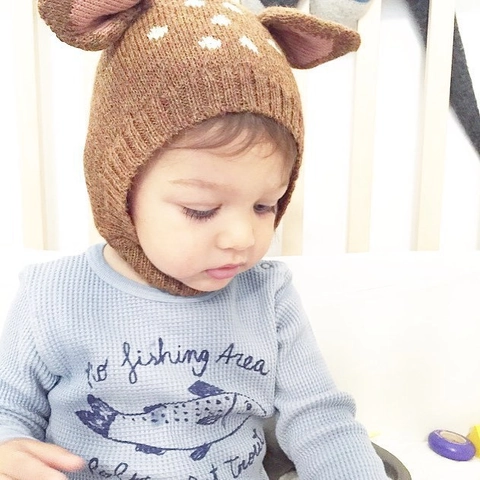 Cappello Neonato a Maglia Invernale Caldo Acrilico Morbido Orecchie di Cervo Pois Protezione Orecchie Berretto per Bambini