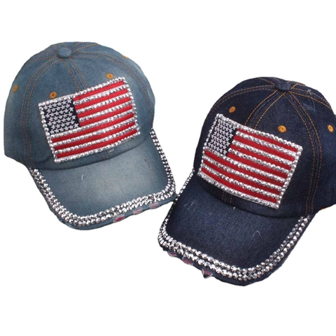 Vintage Rhinestone USA Flag Denim Baseball Cap Distressed Washed Sun Protection Hat For Men Women Retro Bling Accessory