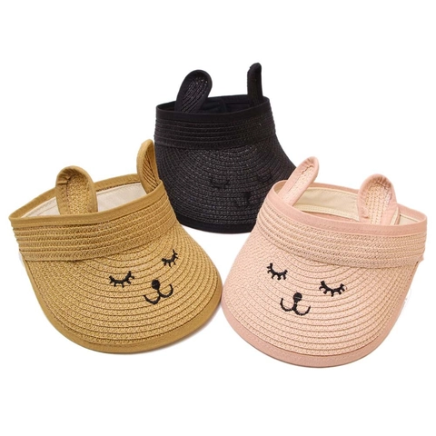 Baby Cartoon Cat Open Top Straw Hat Summer Sun Protection Adjustable Woven Visor With 3D Ears For Toddler Boys Girls