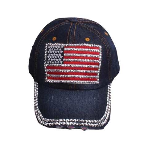 Vintage Rhinestone USA Flag Denim Baseball Cap Distressed Washed Sun Protection Hat For Men Women Retro Bling Accessory