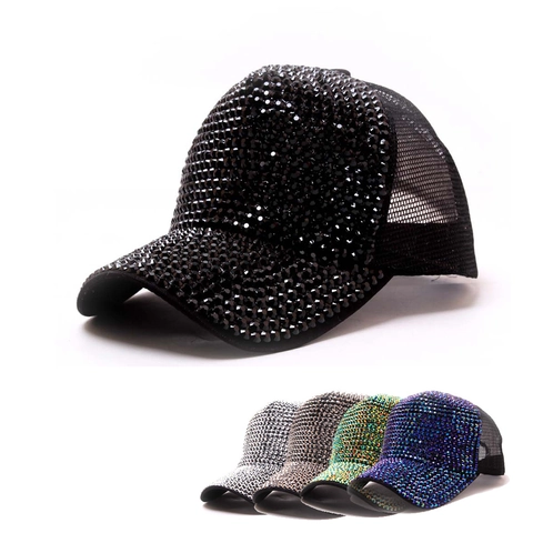 Mode Vrouwen Strass Honkbalpet Ademend Gaas Zonnehoed Fonkelende Kristal Ingelegd Podium Feest Outdoor Trucker Pet