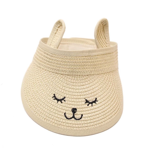Baby Cartoon Cat Open Top Straw Hat Summer Sun Protection Adjustable Woven Visor With 3D Ears For Toddler Boys Girls