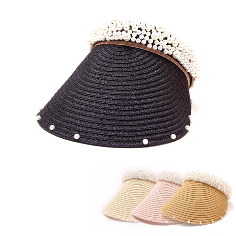 Sombrero de Paja Elegante para Mujer con Visera Decorado con Perlas Artificiales para Playa y Vacaciones Protección UV Accesorios de Verano