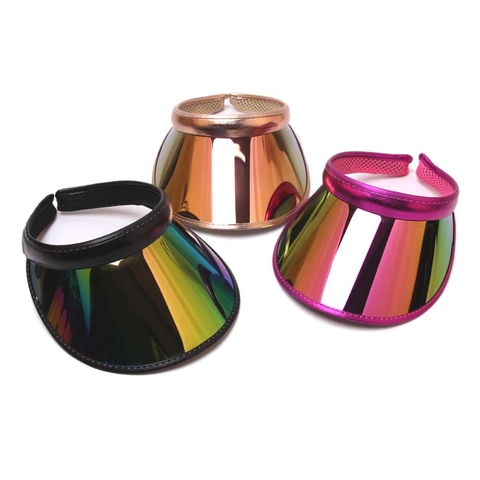 Women's PVC Sun Visor Hat Iridescent Mirror UV Protection Wide Brim Metal Texture Open Top Cap For Summer Beach Travel