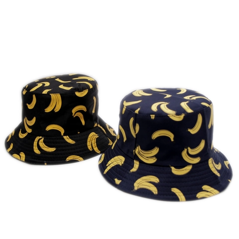 Reversible Banana Bucket Hat Polyester Sun Protection Flat Top Fruit Print Casual Outdoor Beach Sun Hat For Men Women