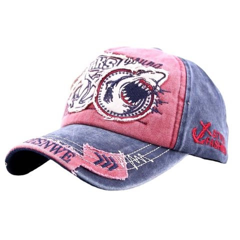 Gorra de Béisbol de Algodón Lavado Vintage para Hombre Mujer Bordado de Tiburón Desgastado Sombrero de Sol de Mezclilla Streetwear Ajustable