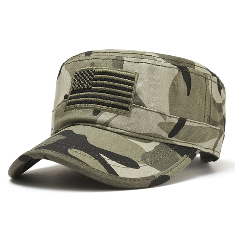 Gorra Cadet Camuflaje Con Parche De Bandera De EE UU Para Hombre Mujer Protección Solar Exterior Gorra Militar Plana Ajustable De Algodón