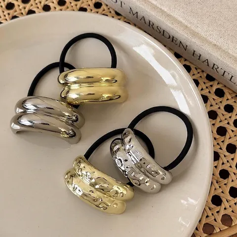 Minimalist Geometric Metal Hair Tie Women Vintage Alloy Arched Hammered Elastic Hair Loop Fashion Daily Headwear Jewelry