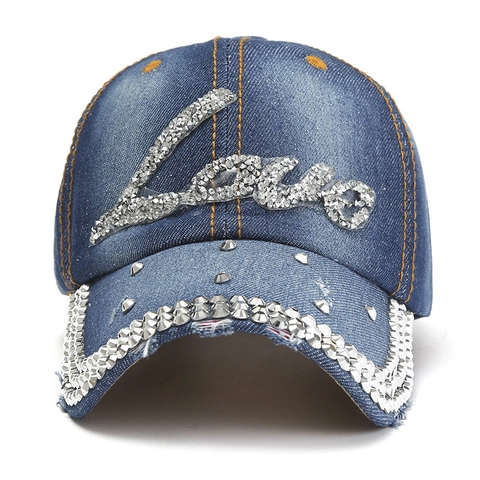 Women Fashion Washed Denim Baseball Cap Love Letter Rhinestone Inlaid Outdoor Sunshade Hat Streetwear Adjustable Cap