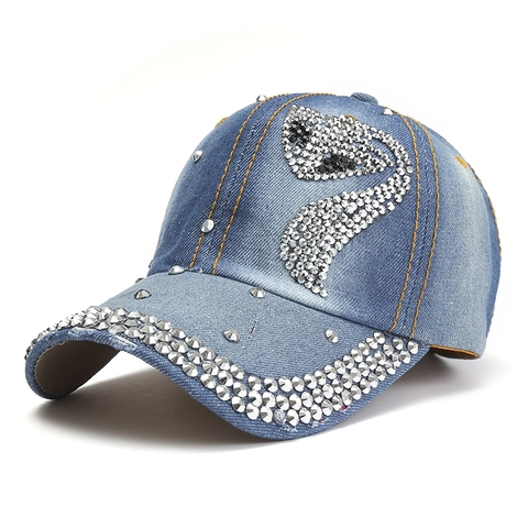 Casquette de Baseball en Denim à Strass Luxe Coton Lavé Chapeau Effiloché Flocon de Neige Couronne Réglable Protection Solaire Unisexe