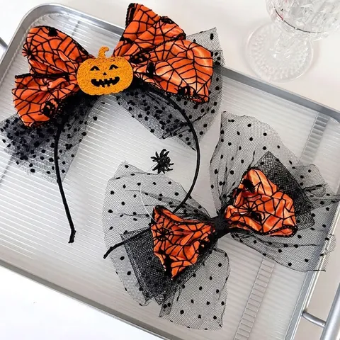 Cerchietto per Capelli Halloween Zucca Fiocco Pizzo Ragnatela Stile Scuro Fermaglio per Capelli Donna Decorazione Festa