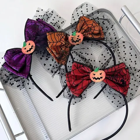 Diadema de Calabaza de Halloween Lazo Malla de Telaraña para Mujeres Niños Fiesta Cosplay Accesorio Decorativo para el Cabello