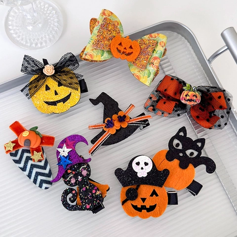 Fermagli per Capelli di Halloween per Ragazze Bambini Zucca Pipistrello Gatto Fantasma Cappello da Strega Glitter Forcine Accessori Festa