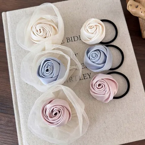 Ensemble de Pinces à Cheveux et Élastiques Rose en Satin Style Français Élégants Accessoires de Cheveux en Ruban de Maille Organza pour Femmes Vacances