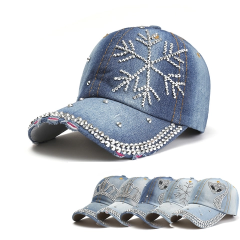 Casquette de Baseball en Denim à Strass Luxe Coton Lavé Chapeau Effiloché Flocon de Neige Couronne Réglable Protection Solaire Unisexe