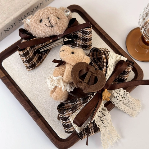 Graziosa Pinza per Capelli Orsetto di Peluche Fiocco in Strass Tessuto Pinza Squalo Marrone Autunno Inverno per Donna