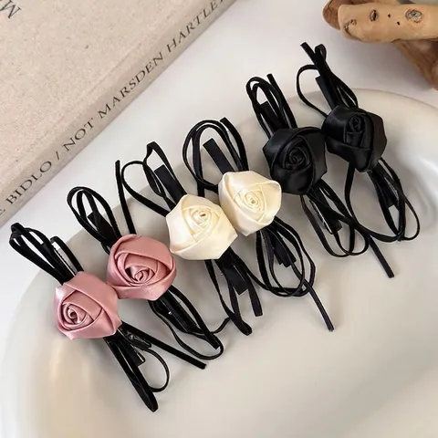 Französisch Vintage Rose Schleife Haarklammer Satin Stoff Blume Seite Entenschnabel Clip Elegante Florale Haarschmuck Damen