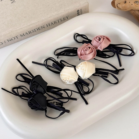 Französisch Vintage Rose Schleife Haarklammer Satin Stoff Blume Seite Entenschnabel Clip Elegante Florale Haarschmuck Damen