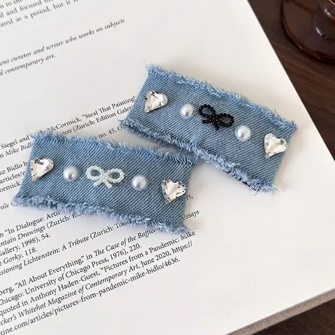 Fermaglio per Capelli in Stile Coreano Vintage Denim a Forma di Cuore con Strass e Fiocco Bordo Sfilacciato Accessori per Capelli da Donna