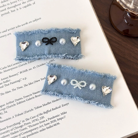 Fermaglio per Capelli in Stile Coreano Vintage Denim a Forma di Cuore con Strass e Fiocco Bordo Sfilacciato Accessori per Capelli da Donna