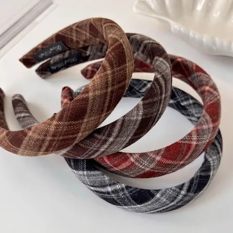 Serre-tête Rembourré en Tissu Plaid Rétro pour Femmes Style Preppy Bandeau Épais en Tissu Maillard Accessoires Cheveux Automne