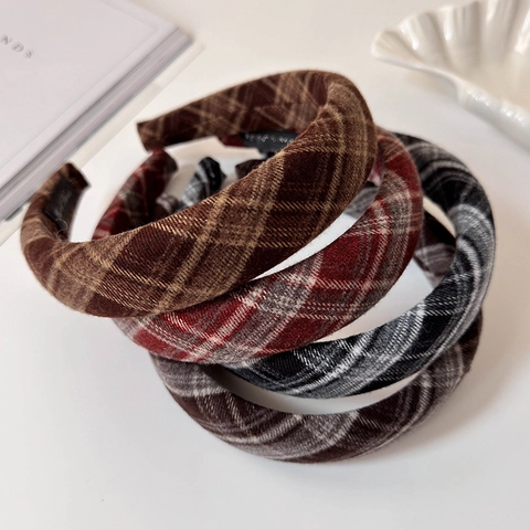 Serre-tête Rembourré en Tissu Plaid Rétro pour Femmes Style Preppy Bandeau Épais en Tissu Maillard Accessoires Cheveux Automne