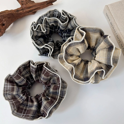 Elastici per Capelli in Tessuto Scozzese Vintage Beige Britannico a Quadri Grandi Supporti per Coda di Cavallo Donna