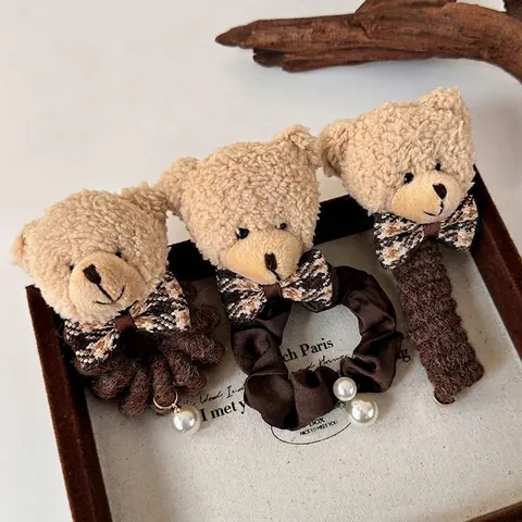 Simpatici Elastici per Capelli in Peluche a Forma di Orsetto e Molletta per Capelli per Donna Ragazza Tessuto Fiocco a Quadretti Perla Artificiale Decorazione Autunno Inverno Accessori per Capelli