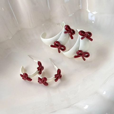 Orecchini a Cerchio a C con Fiocco Rosso Stile Coreano Vintage per Donna Lega Laccata con Colori a Contrasto Gioielli