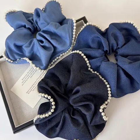 Mode Denim Textur Stoff Scrunchie Mit Künstlichen Perlen Koreanischen Stil Große Haargummi Für Damen Alltag Haar Accessoires