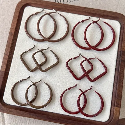 Retro Maillard Coffee Red Geometric Hoop Earrings For Women Minimalist Large Square Circle Metal Baking Paint Ear Jewelry