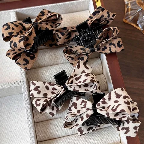 Leopard Print Bow Hair Claw Clip Fabric Shark Clip Fashion Sweet Cool Ponytail Holder Hair Styling Accessories For Women