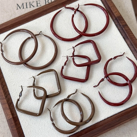 Retro Maillard Coffee Red Geometric Hoop Earrings For Women Minimalist Large Square Circle Metal Baking Paint Ear Jewelry