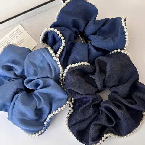 Mode Denim Textur Stoff Scrunchie Mit Künstlichen Perlen Koreanischen Stil Große Haargummi Für Damen Alltag Haar Accessoires