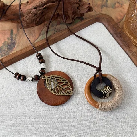 Handgefertigt Holz Metall Blatt Anhänger Lange Seilkette Halskette Für Damen Böhmisch Zen Stil National Ethnisch Pullover Kette Schmuck