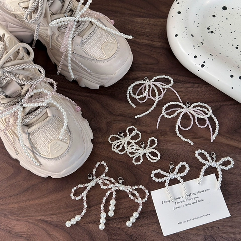 Korean Style Artificial Pearl Rhinestone Bowknot Shoe Buckles Handmade Crystal Beads Shoe Accessories For Sneakers Women