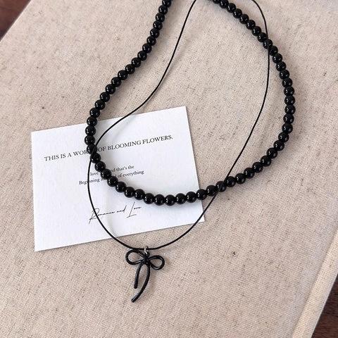Sweet Cool Schwarze Schleife Glasperlenkette Für Damen Minimalistische Vintage Doppellagige Schlüsselbeinkette Set