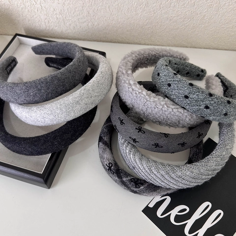 Diadema Ancha de Felpa Tejida Gris Vintage Francés Lunares Estampado de Lazo Diadema Engrosada Accesorios para el Cabello Elegantes Mujer