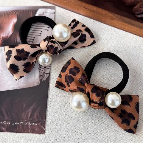Retro Luipaardprint Strik Haarelastiekje Met Imitatieparels Zoet Elastisch Haartouw Voor Dames Meisjes Dagelijkse Mode Accessoires