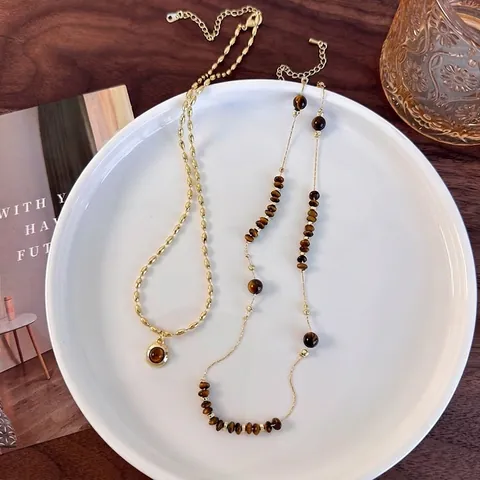 Vintage Copper Tiger Eye Stone Pendant Necklace Retro Beaded Layering Chain Adjustable Women Jewelry Accessory Gift