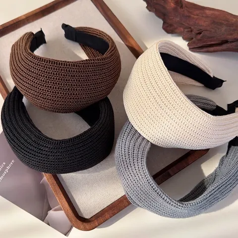 Women Retro Knitted Wool Wide Brim Headband Minimalist Solid Color Elastic Soft Hair Hoop Fashion Hair Accessories
