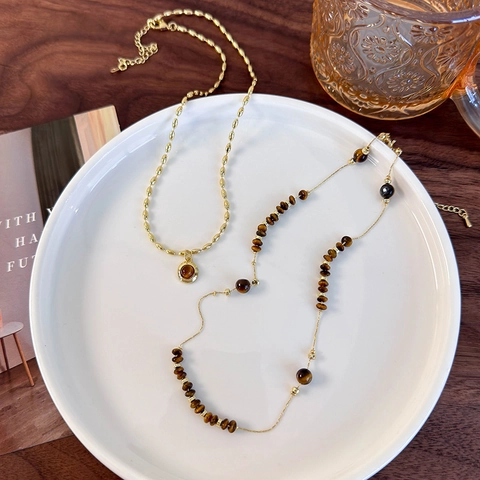 Vintage Copper Tiger Eye Stone Pendant Necklace Retro Beaded Layering Chain Adjustable Women Jewelry Accessory Gift