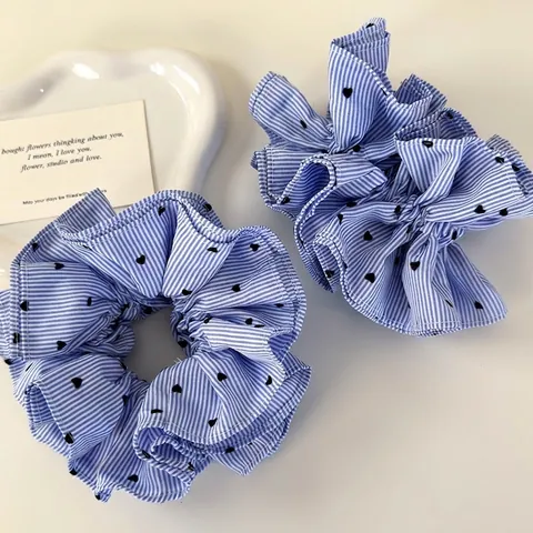 Scrunchies a Cuore a Strisce Blu e Bianche in Tessuto con Volant Elastici per Capelli Oversize per Donna Ragazza Stile Coreano Dolce Accessori